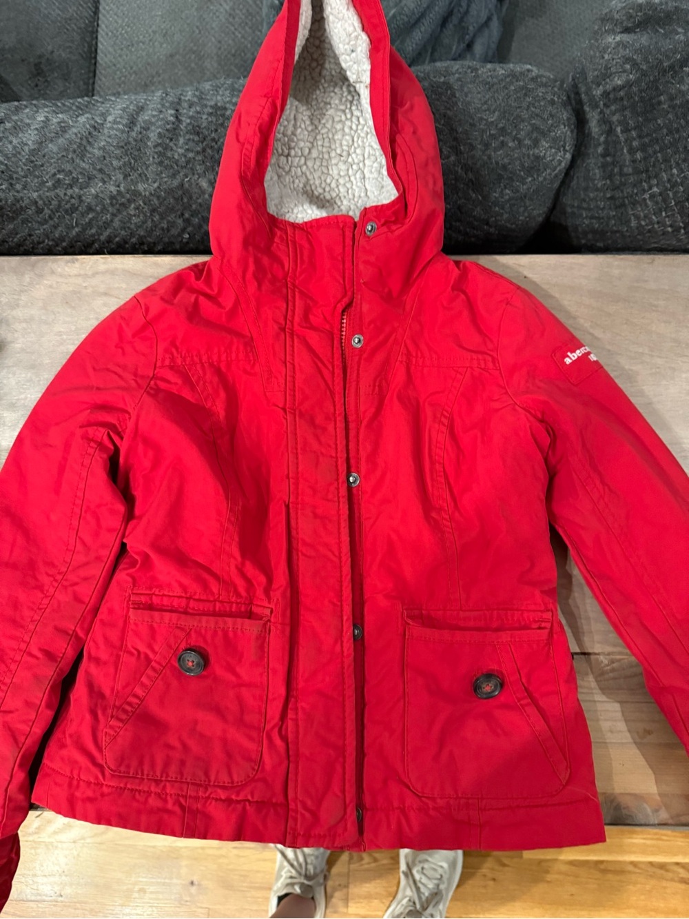 Abercrombie & Fitch Red Hooded Puffer Jacket with Sherpa Lining